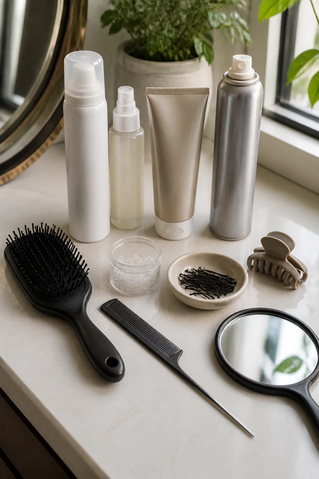 Still life of essential hair styling tools on a vanity.