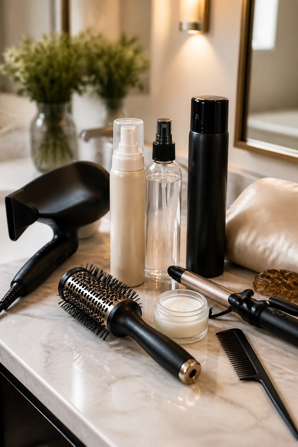 Close-up of hair styling tools including dryer nozzle, round brush, and mousse on a vanity