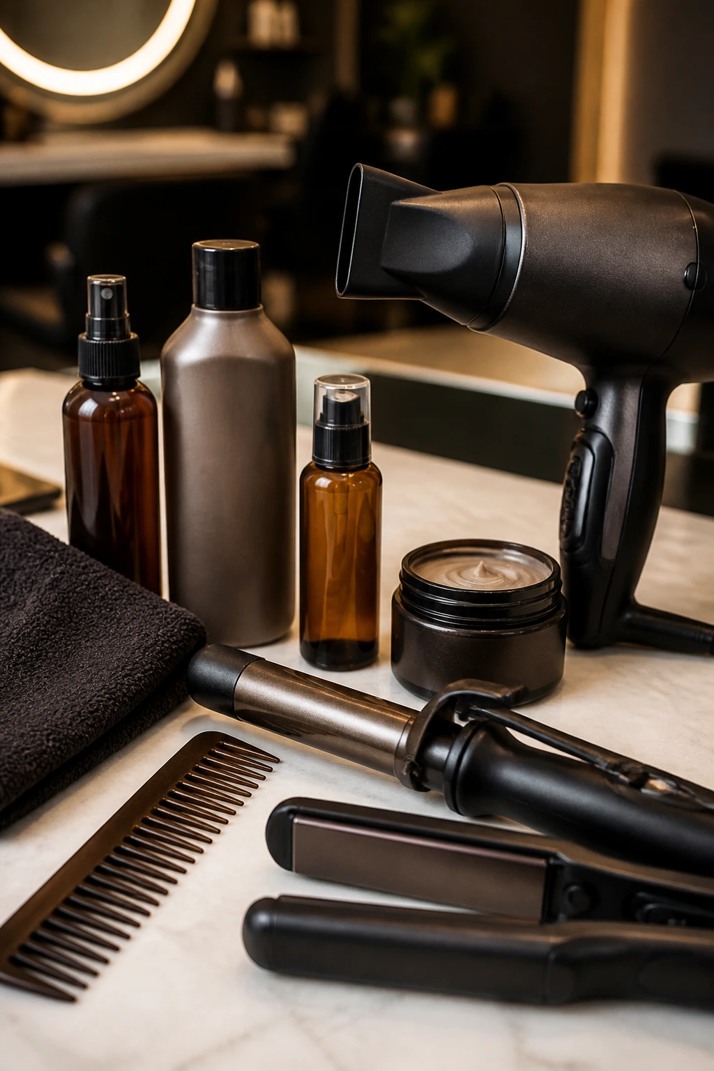 Close-up still life of essential styling tools for short brunette hair on a salon workstation.