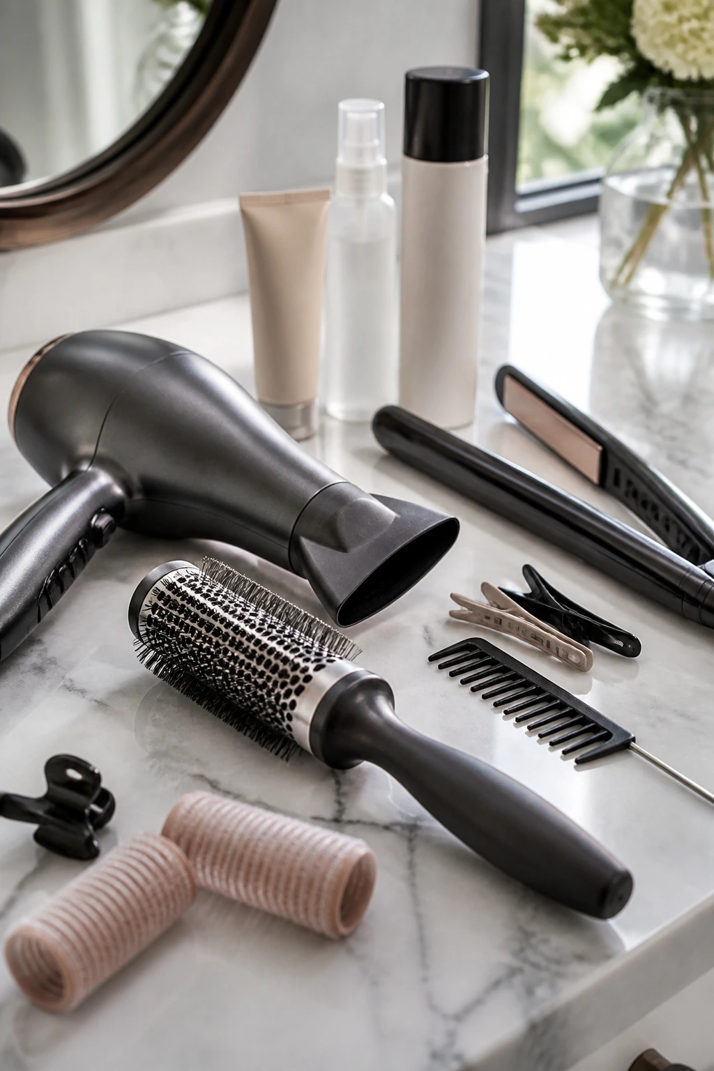 Close-up of hair styling tools on a clean surface