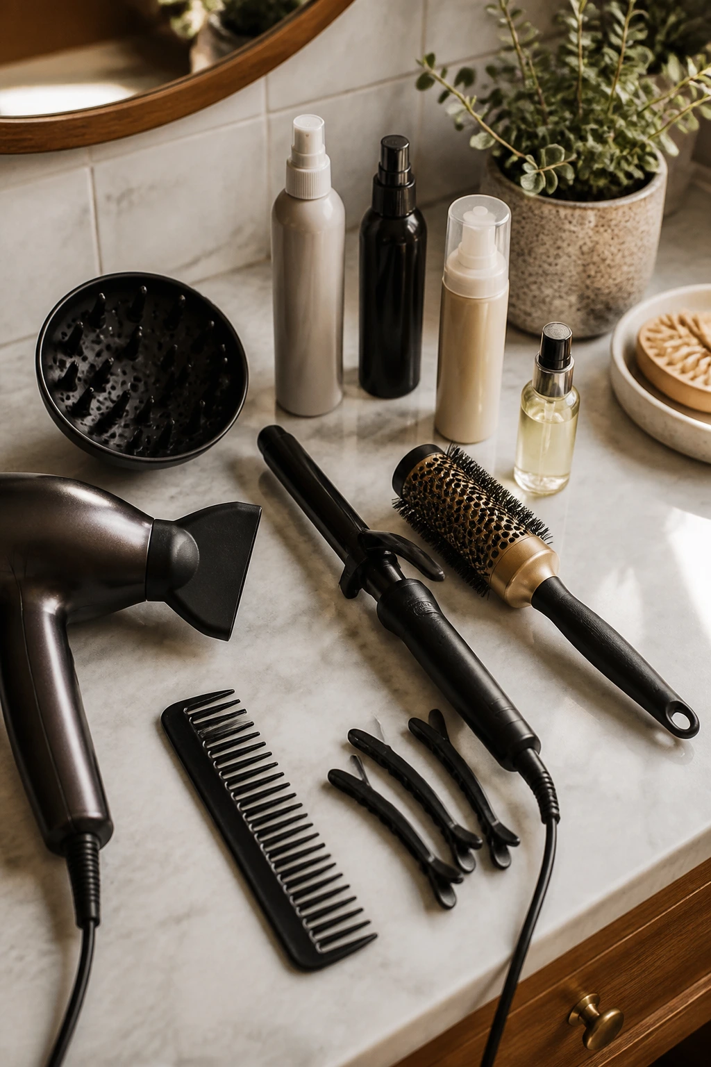 Top-down view of essential hair styling tools arranged on a vanity