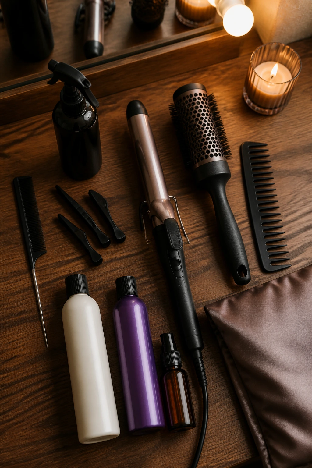 Overhead still life of essential hair styling tools arranged on a wooden vanity.