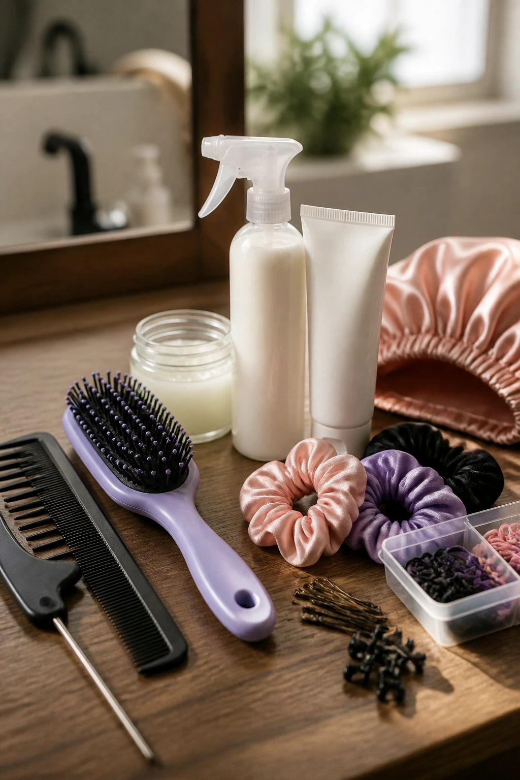 Assortment of hair styling tools laid out on a vanity