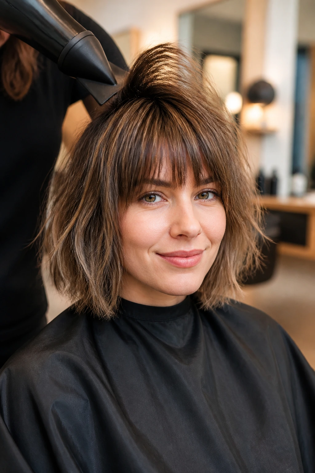 Real woman in salon chair using styling tools to lift crown for shaggy bob