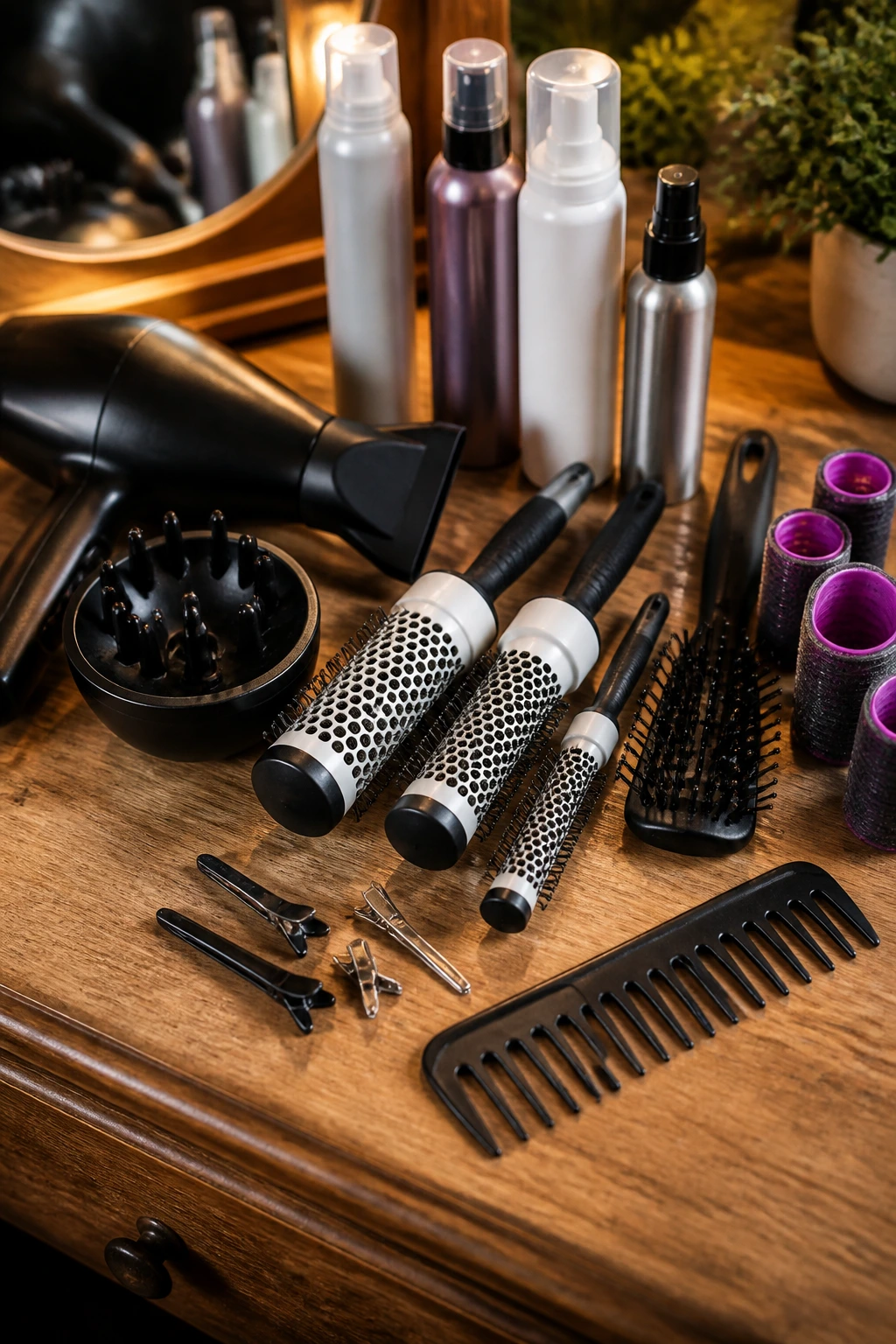 Close-up still life of hair styling tools arranged on a vanity