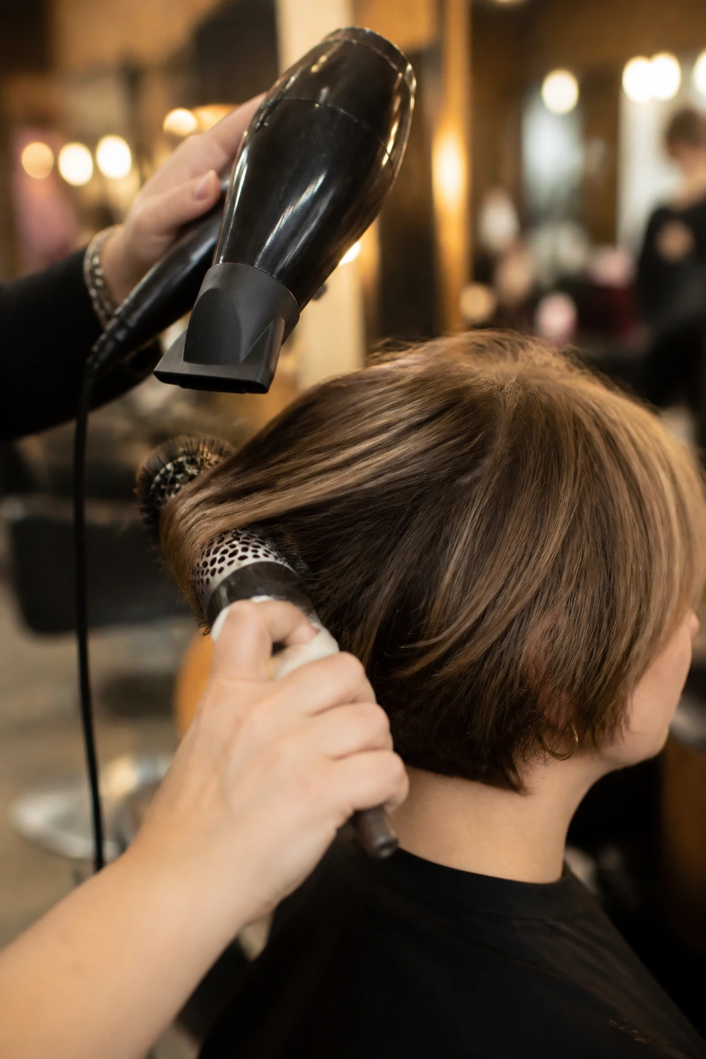 Close-up of a hairstylist wielding a round brush and nozzle on hair in a salon