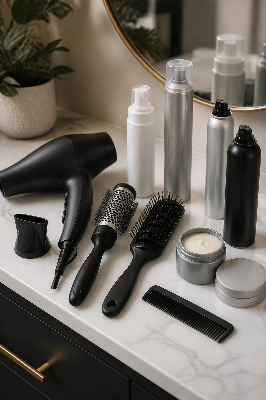 Tools for styling and maintenance arranged on a bathroom counter.