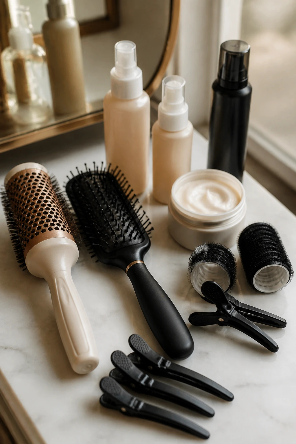 Still life of butterfly hair styling brushes, clips, and products on a vanity