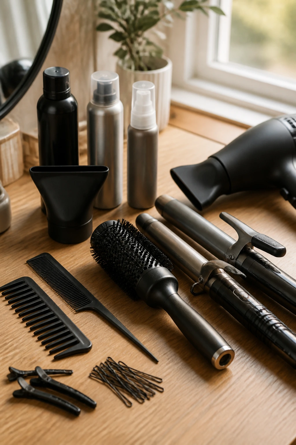 Close-up of hair styling tools arranged on a vanity.