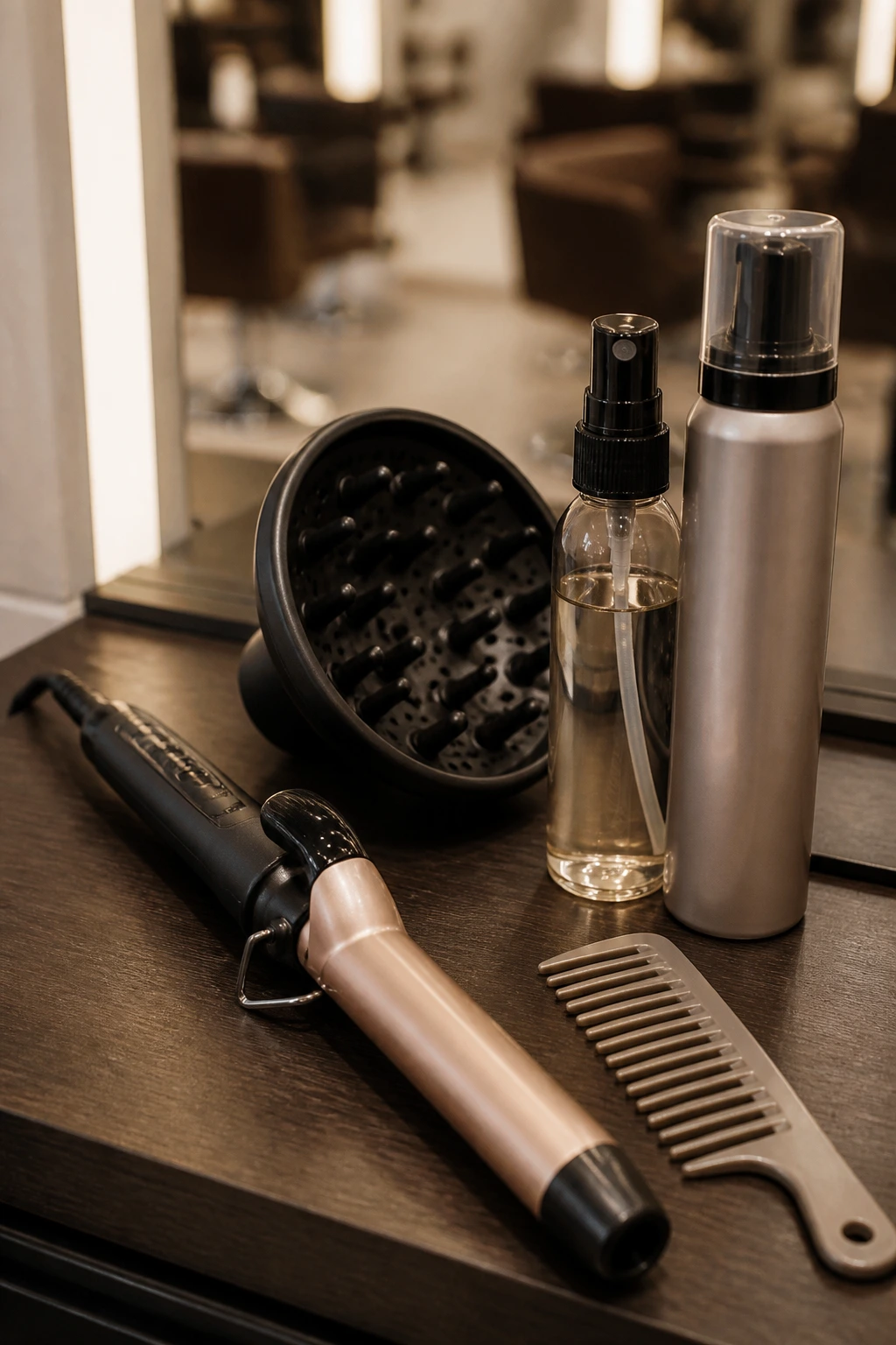 Tools and products for wavy Italian bob on a salon station