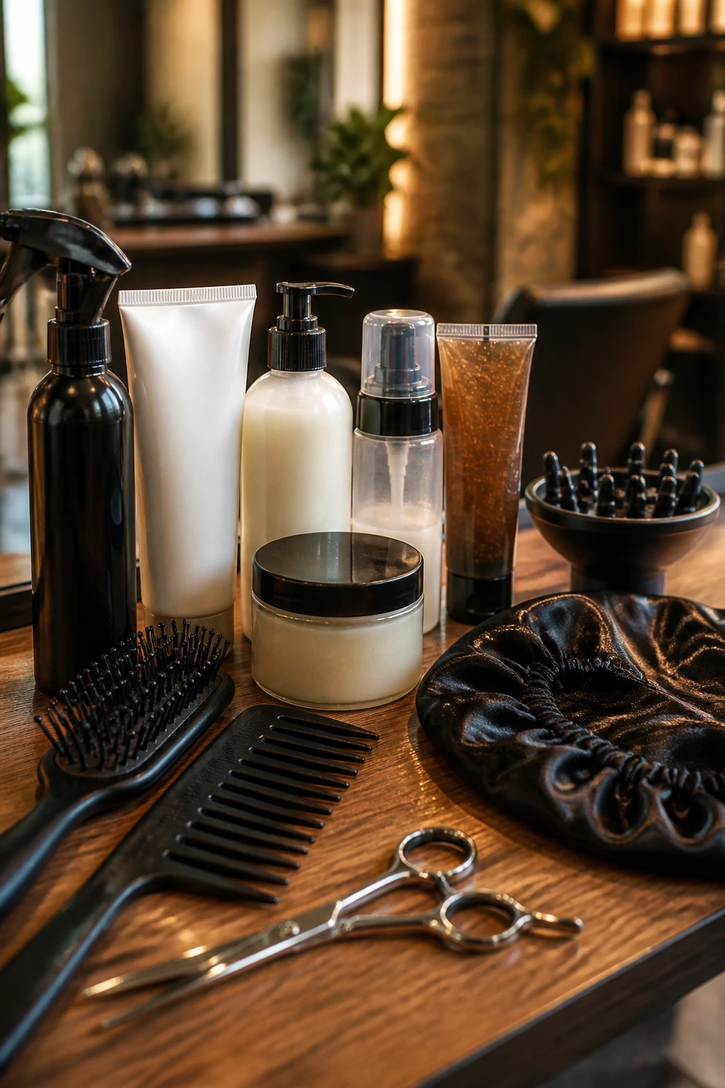 Close-up of professional hair tools and styling products on a warm salon counter.