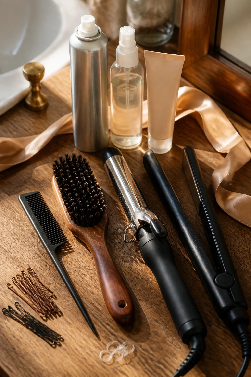 Close-up of essential hair tools arranged on a vanity for holiday hairstyles.