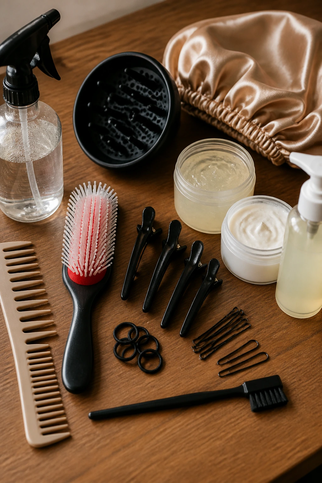 Close-up of essential hair styling tools for short curls arranged on a wooden surface