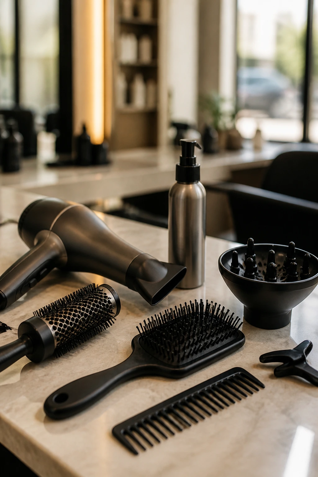 Still-life of hair styling tools arranged on a tidy salon counter.