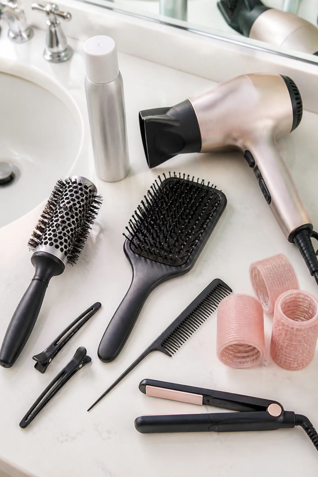 Close-up of unlabeled hair styling tools on a bathroom counter