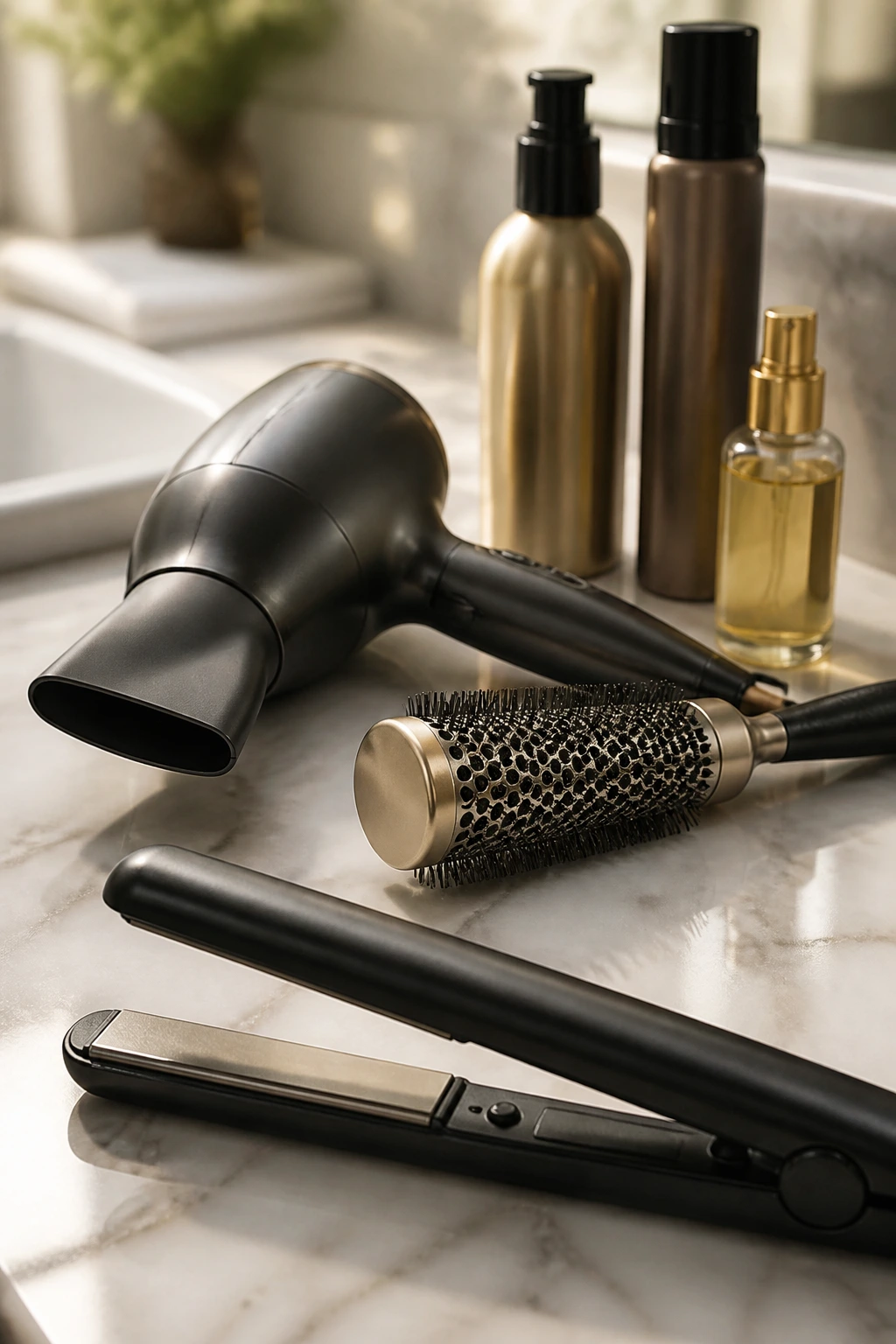 Close-up of hair styling tools on a bathroom counter