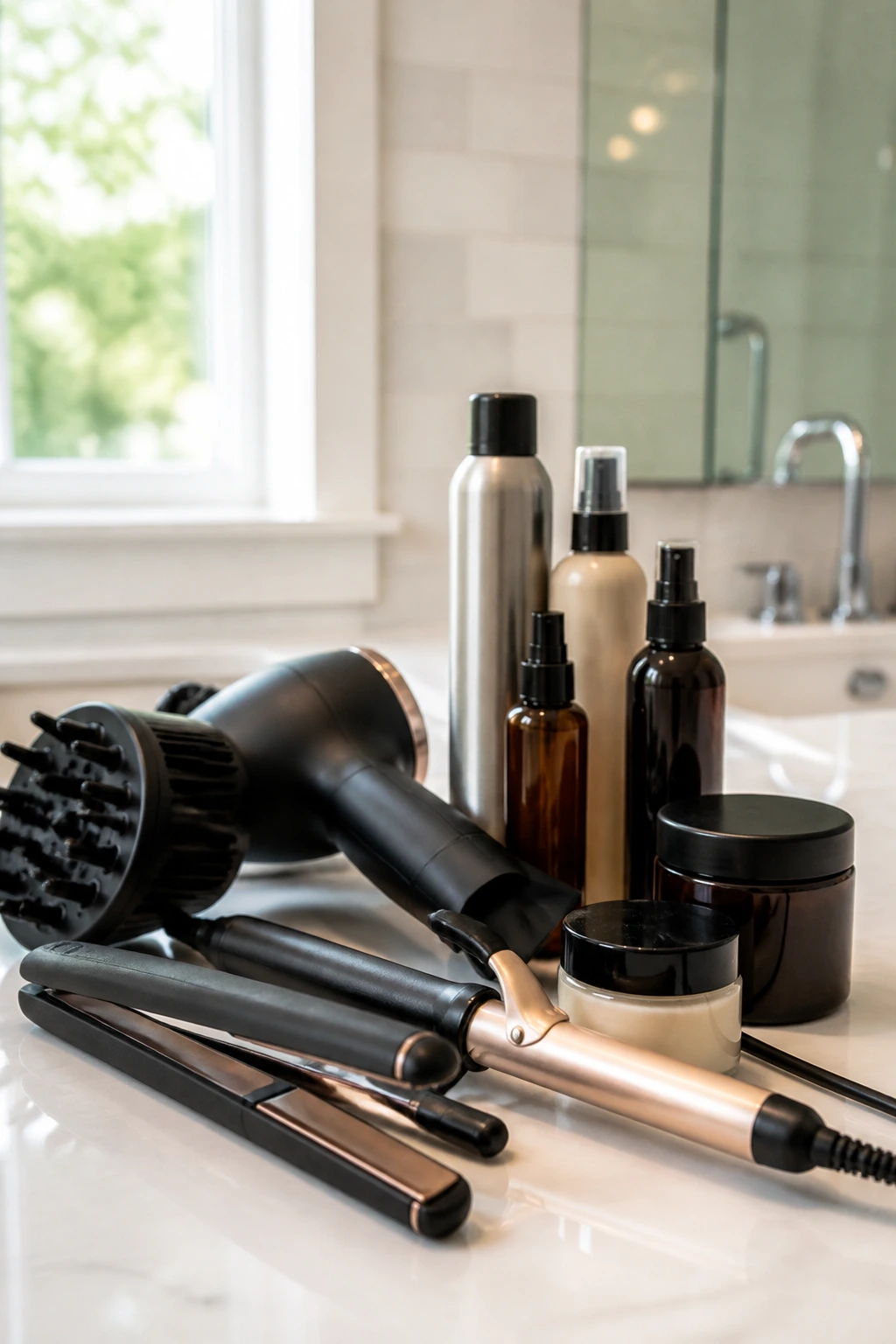 Close-up of hair styling tools and products on a bathroom vanity