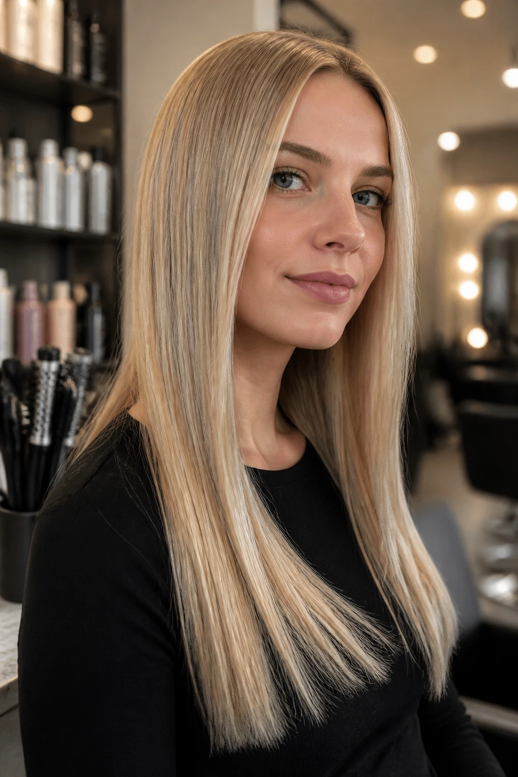 Close-up of a real person with blonde hair in a modern salon