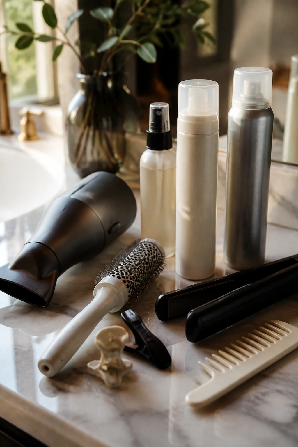 Close-up of unlabeled hair tools on a bathroom counter for texture styling
