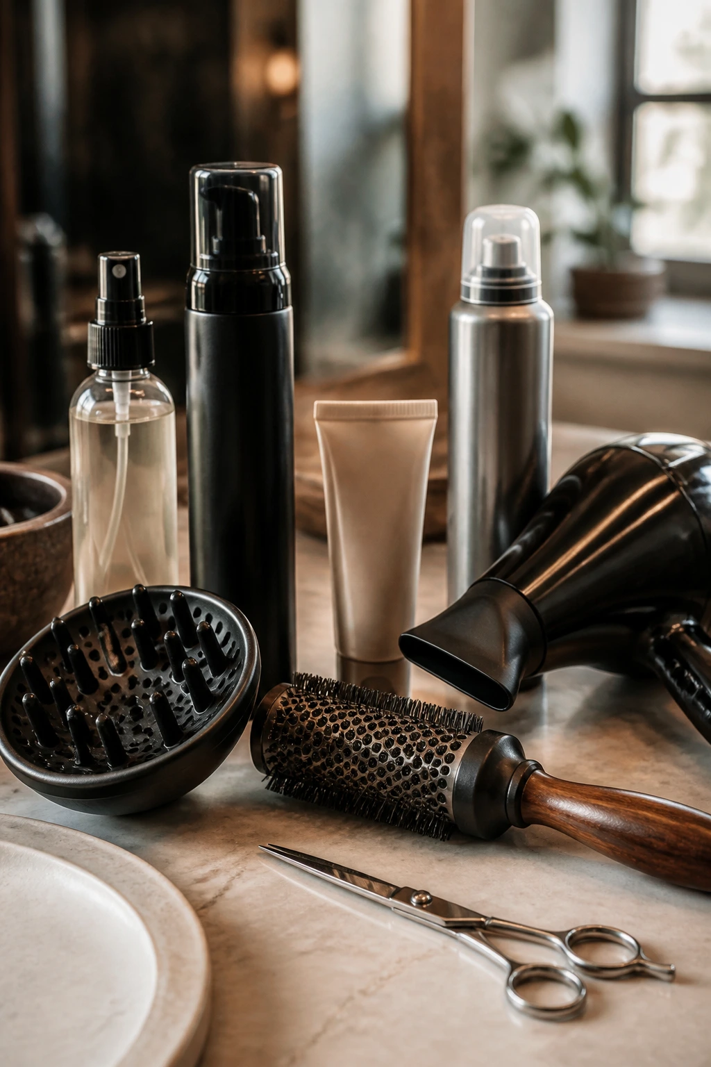 Close-up of professional hair tools arranged on a vanity, illustrating the toolkit for maintaining shag texture.