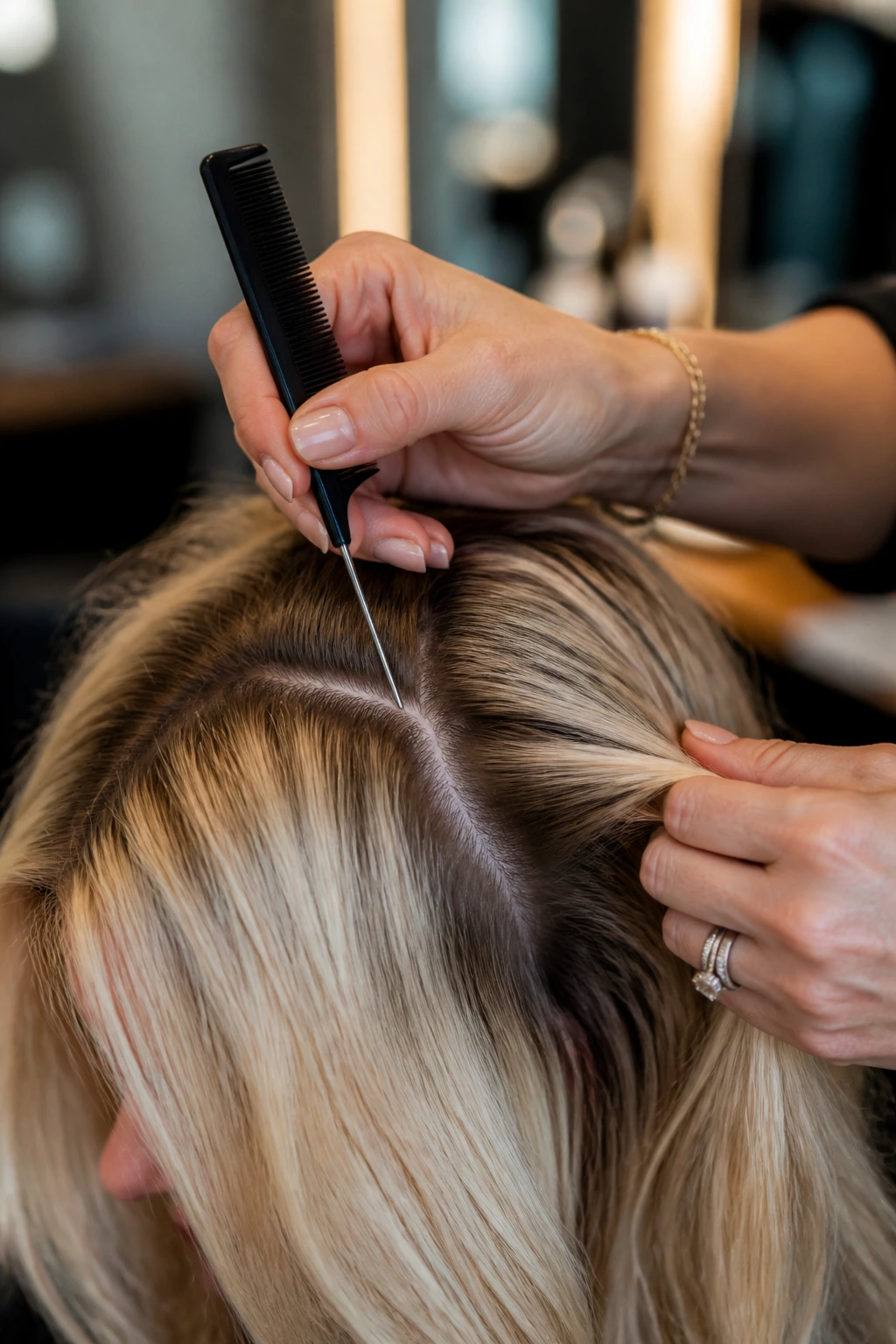 Close-up of hands using a tail comb on thick blonde hair