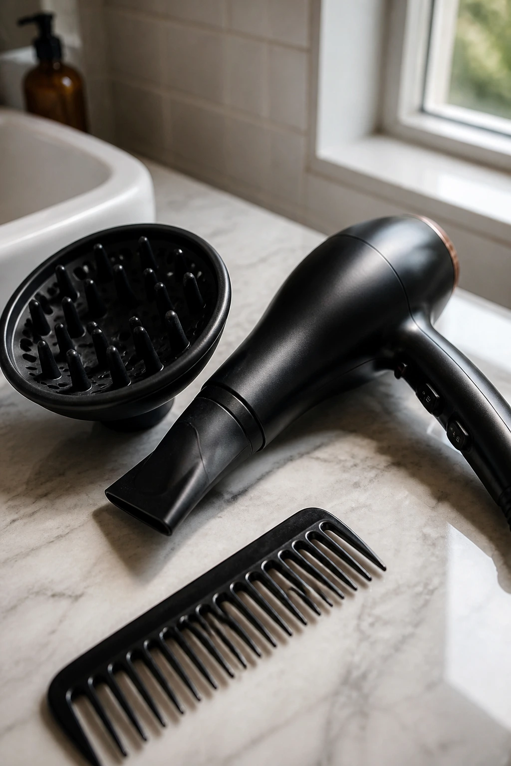 Close-up of hair styling tools (dryer with nozzle and diffuser, wide-tooth comb) on a bathroom counter