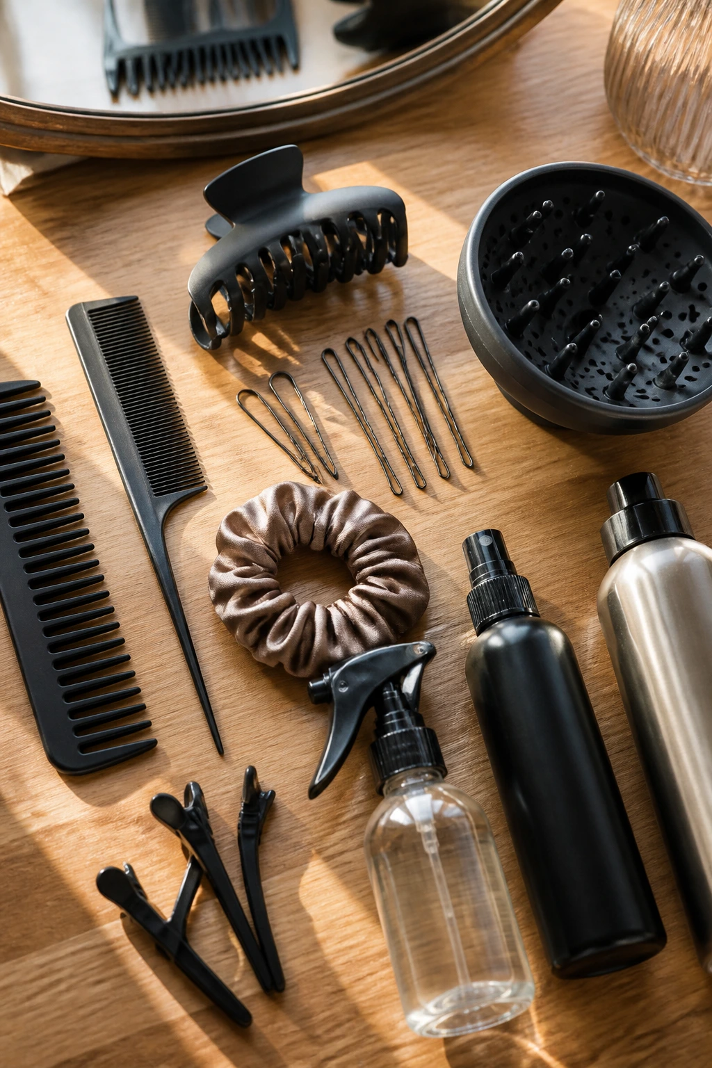 Top-down view of essential hair tools for thick natural waves