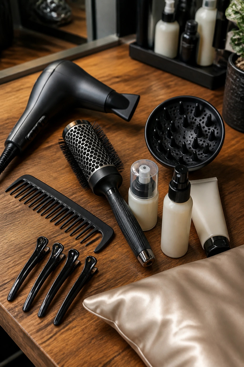 Top-down view of hair styling tools arranged on a wooden table.