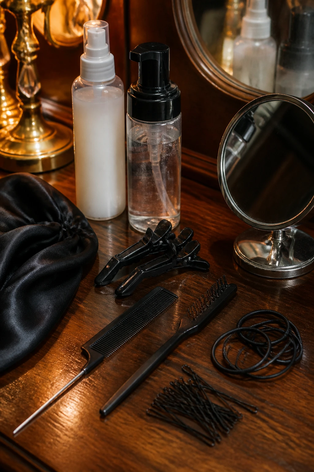 Close-up of essential hair styling tools for twists on a wooden vanity
