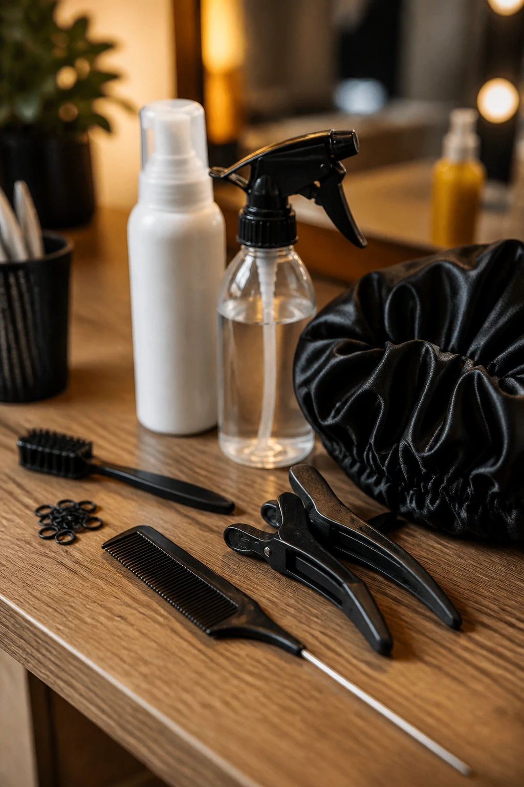 Close-up of essential hair tools for passion twists on a salon vanity