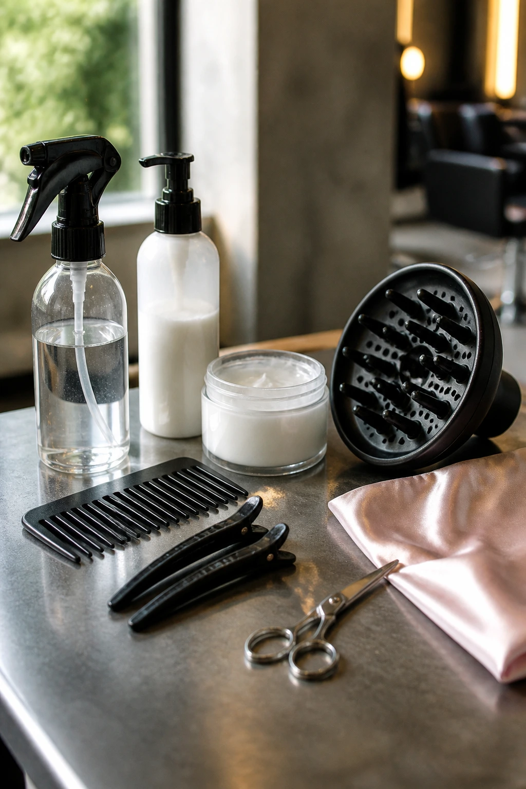Close-up of unbranded hair tools and products on a salon counter
