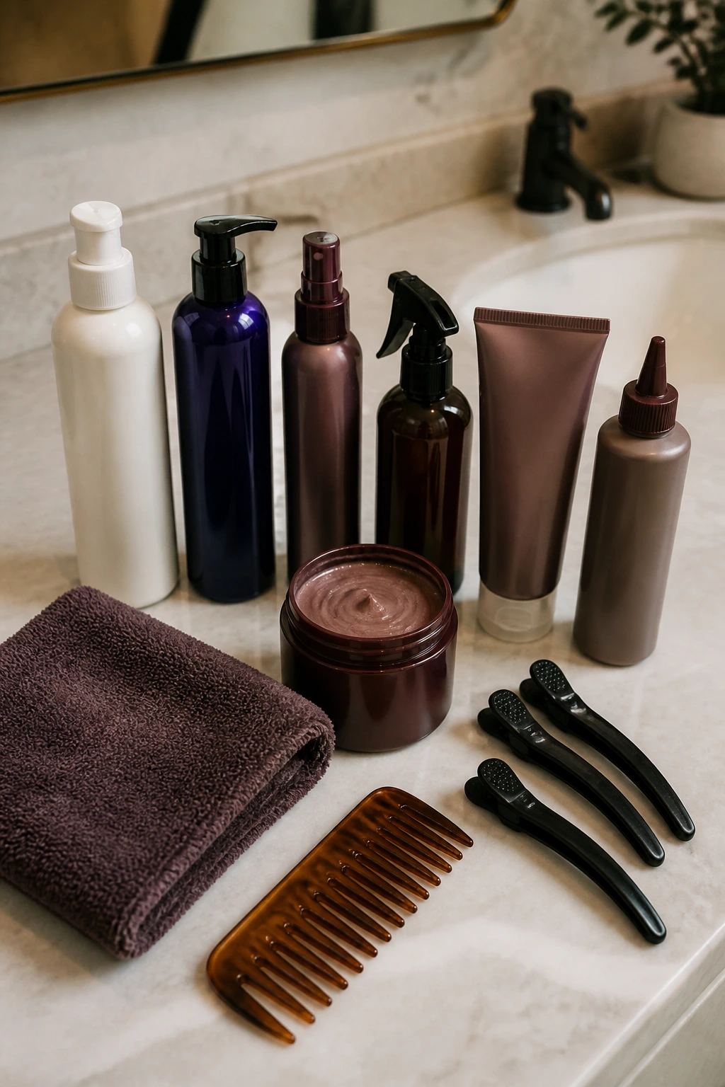 Unlabeled hair care bottles and tools arranged on a clean bathroom counter