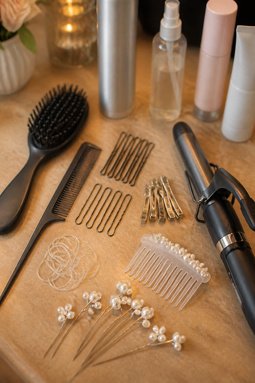 Top-down view of essential hair styling tools for updos