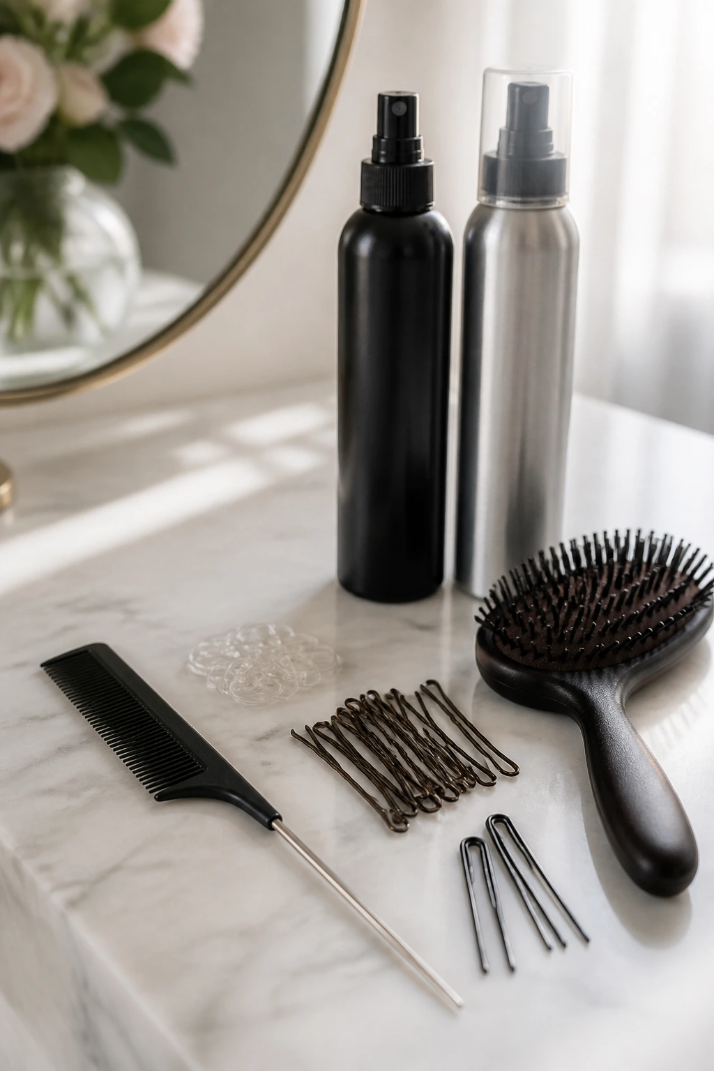 Close-up of hair tools for updos: comb, pins, elastics, spray, brush