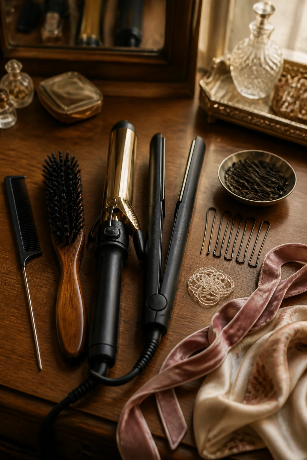 Close-up still life of hair styling tools on a wooden vanity.
