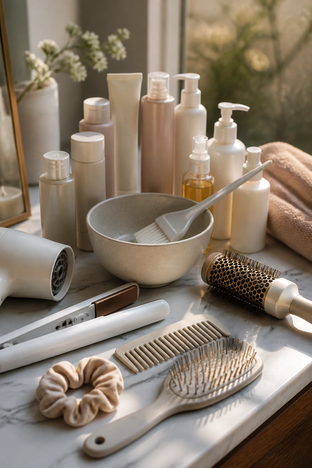 Top-down view of label-free hair care tools and bottles for shadow root blonde upkeep