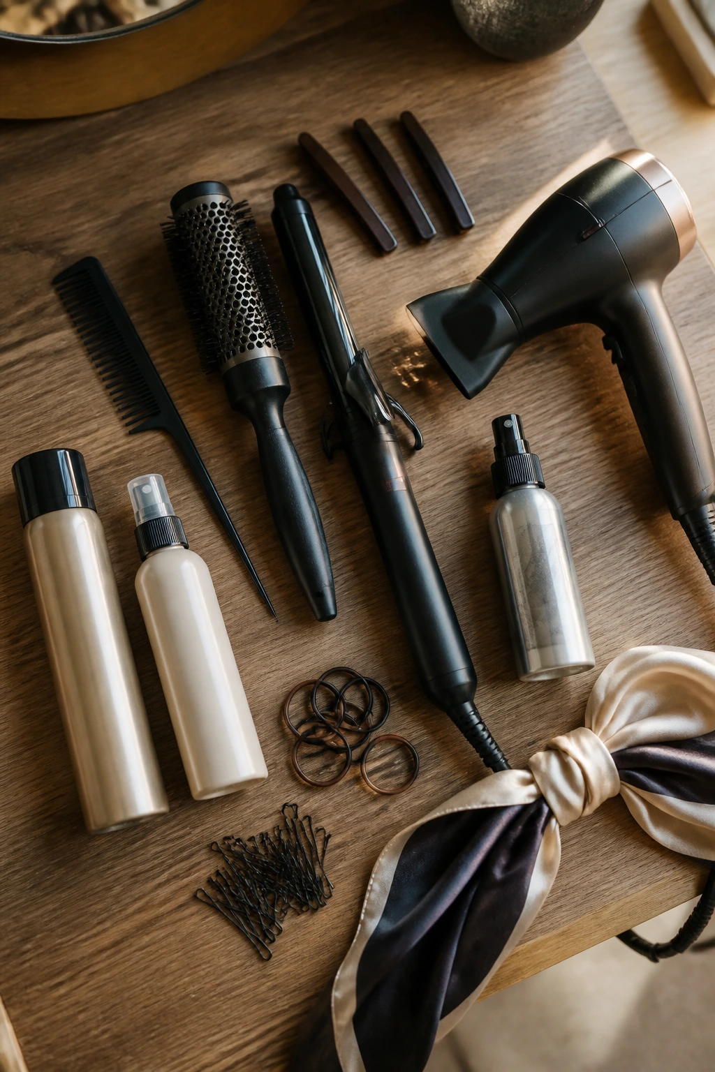 Top-down view of essential hair tools arranged neatly on a vanity