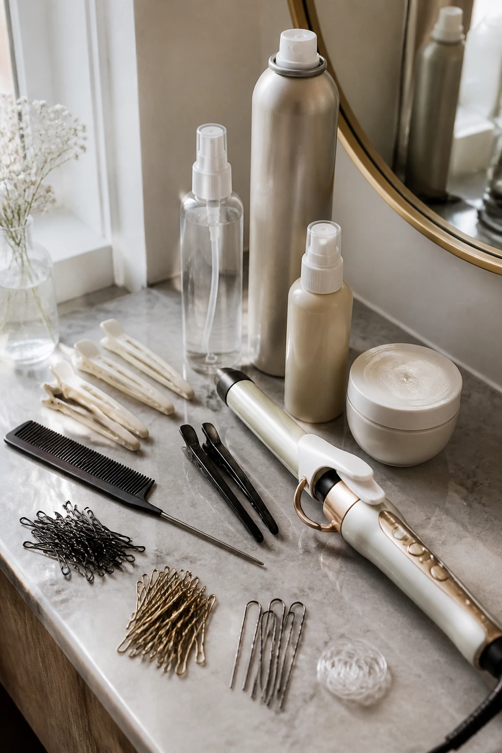 Flat lay of essential bridal hair tools on a vanity.