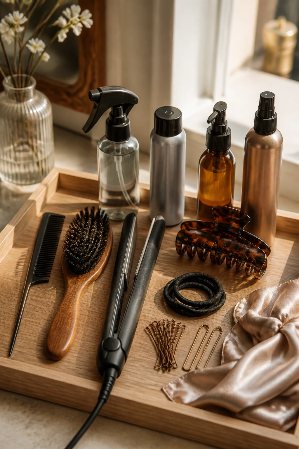 Close-up of essential hair tools on a vanity for straight hairstyles