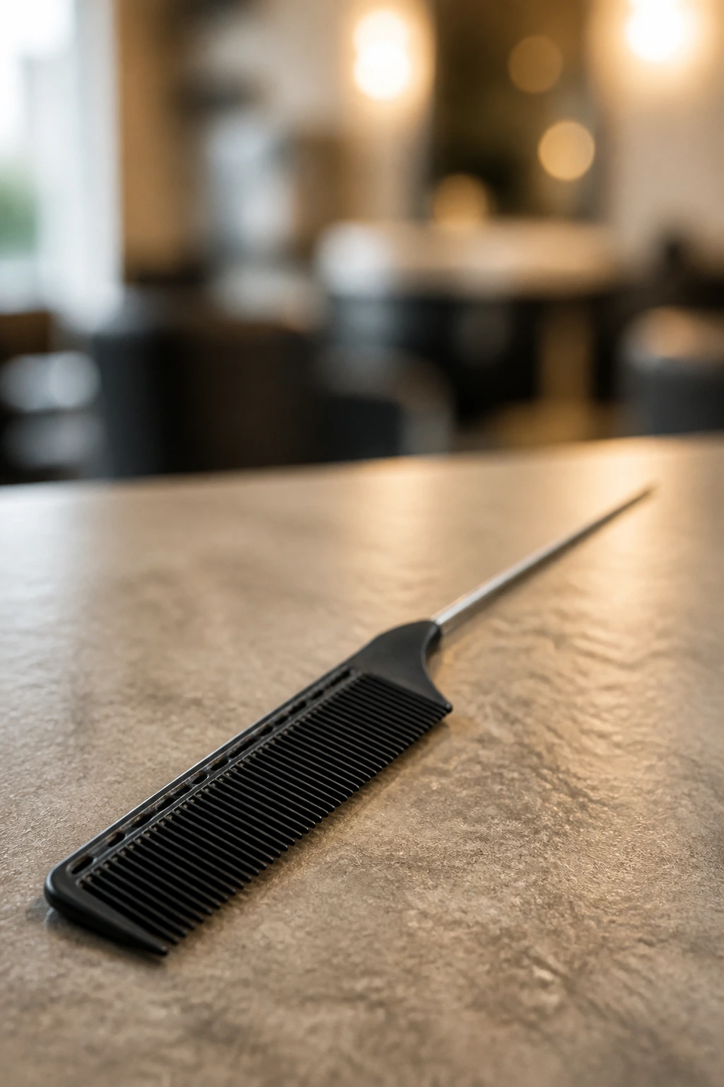 Close-up of a tail comb on a neutral surface, representing essential hair styling equipment for 70s wavy styles.