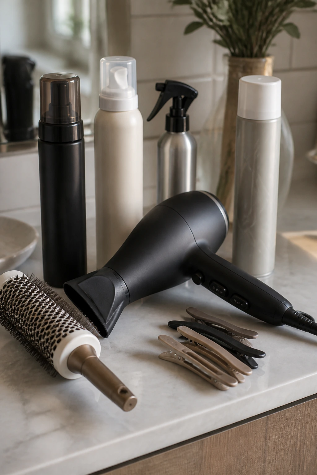 Close-up of hair styling tools for volume on a bathroom counter