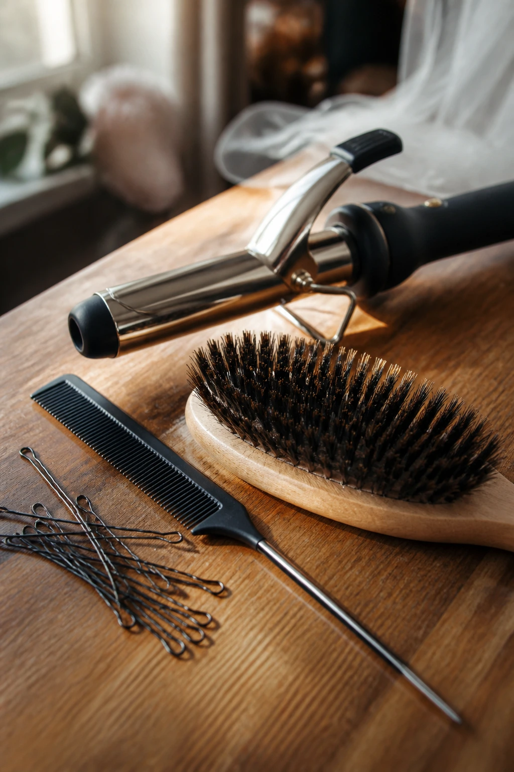 Close-up of wedding hair tools on a wooden vanity in a bridal suite