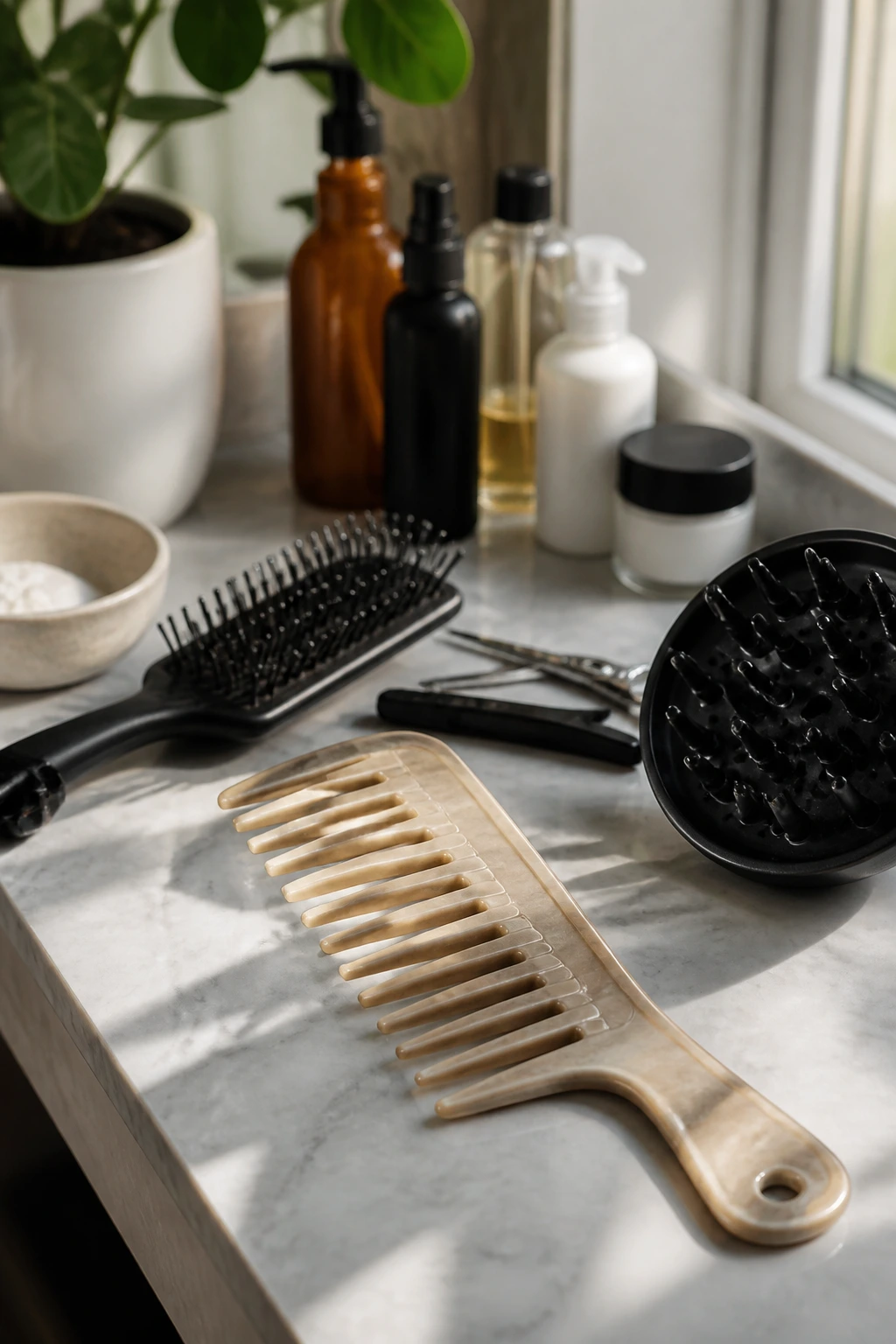 Wide-tooth comb and styling products arranged on a vanity