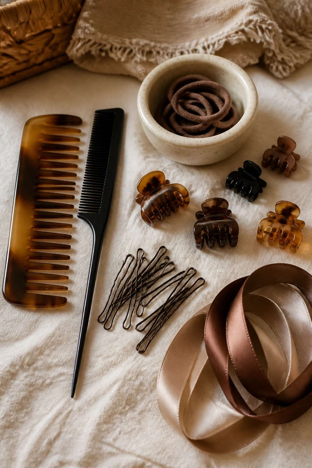 Still-life of essential hair tools for kids' hairstyles