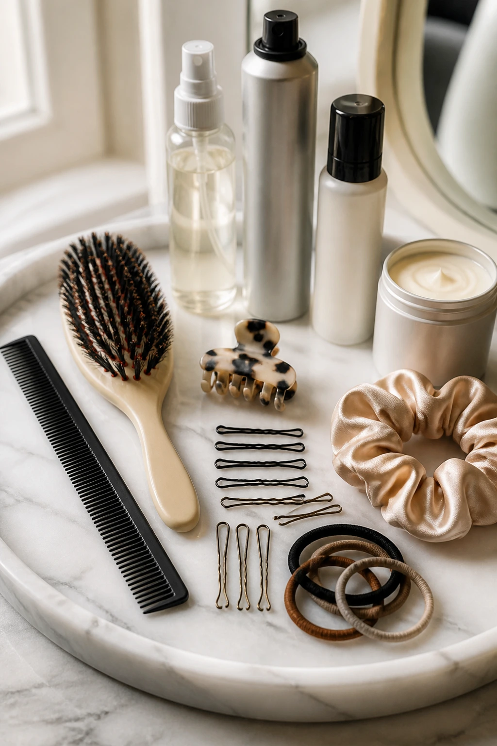 Close-up of essential winter hair tools on a vanity tray.