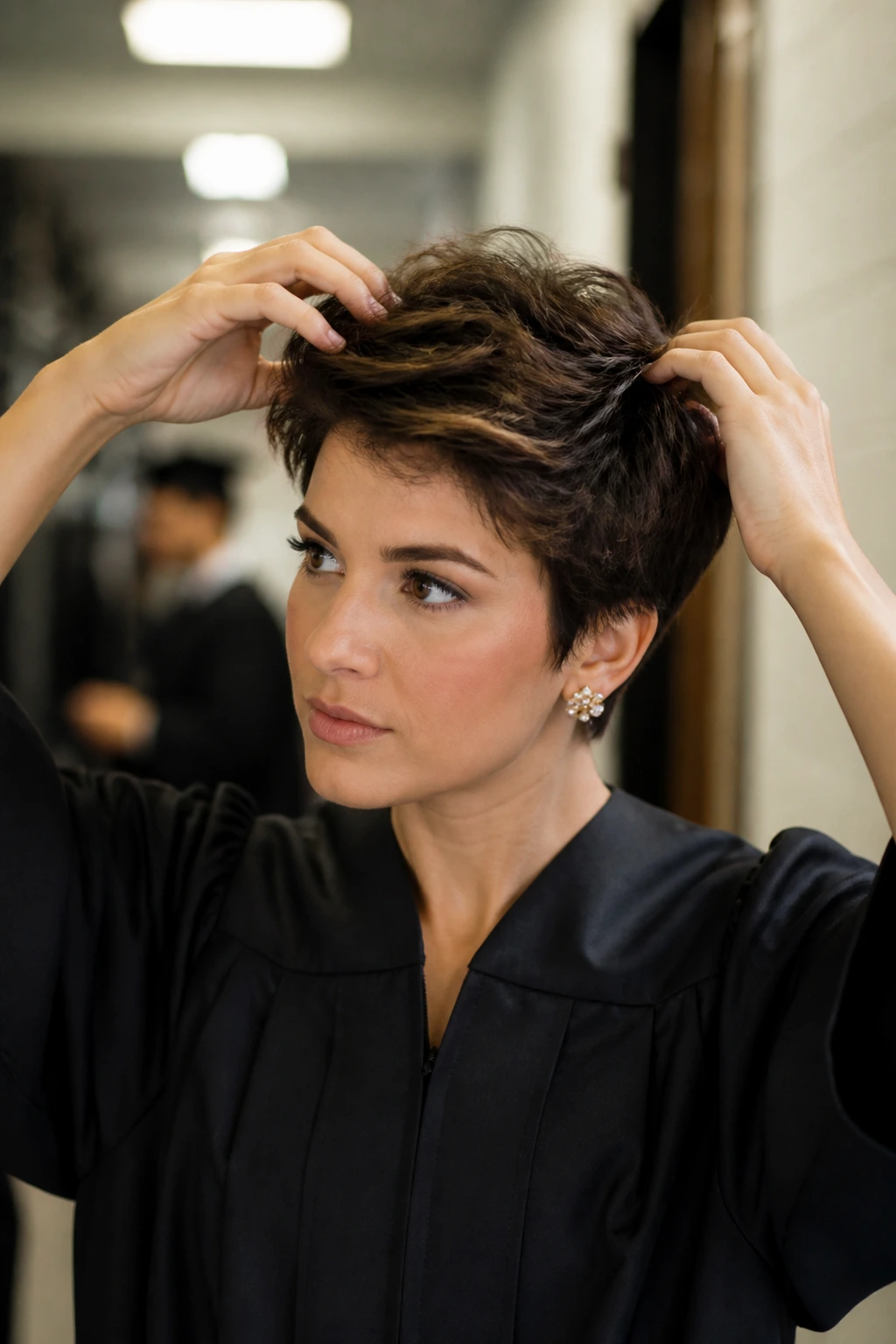 Graduate adjusting short hair for a long ceremony day in backstage setting