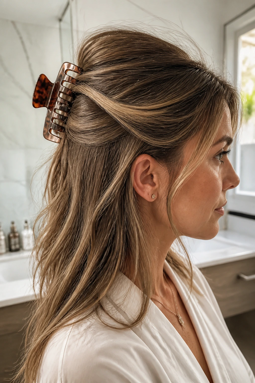 Profile of woman with half-up twist held by claw clip