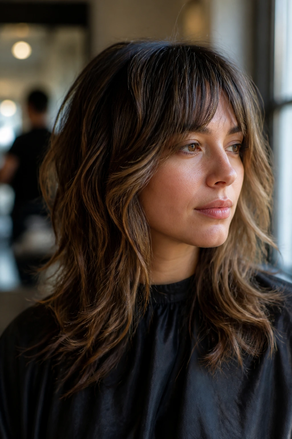 Portrait of real person with distinct hair type and layered shag in a salon setting.