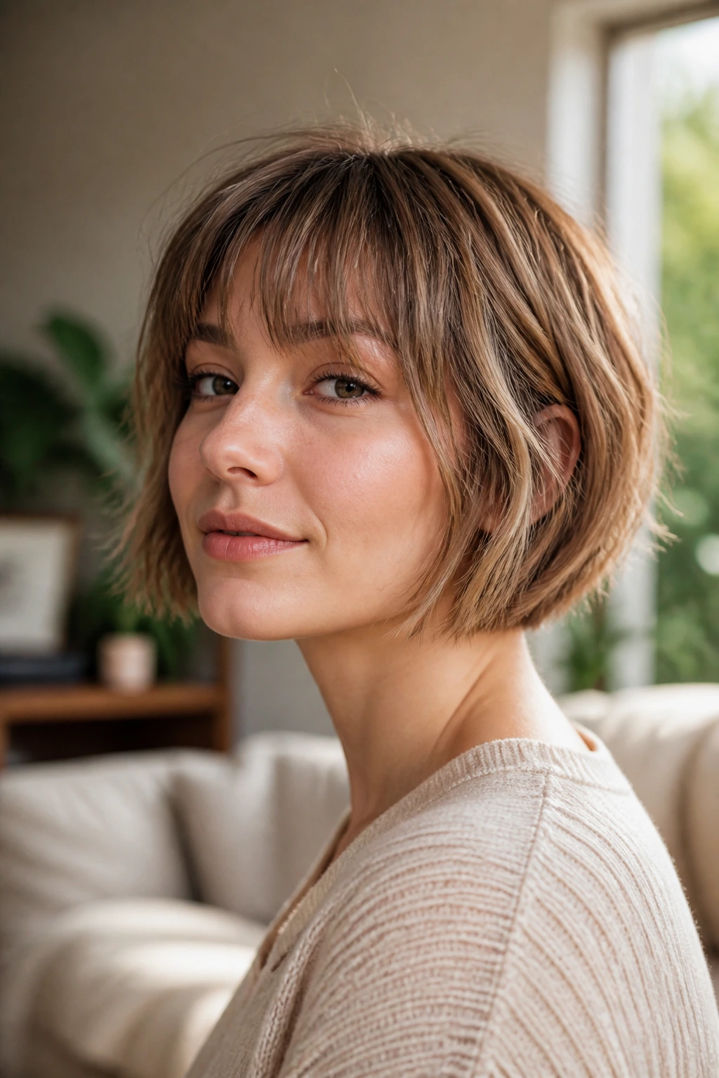 Real woman with fine hair chin-length bob in natural light