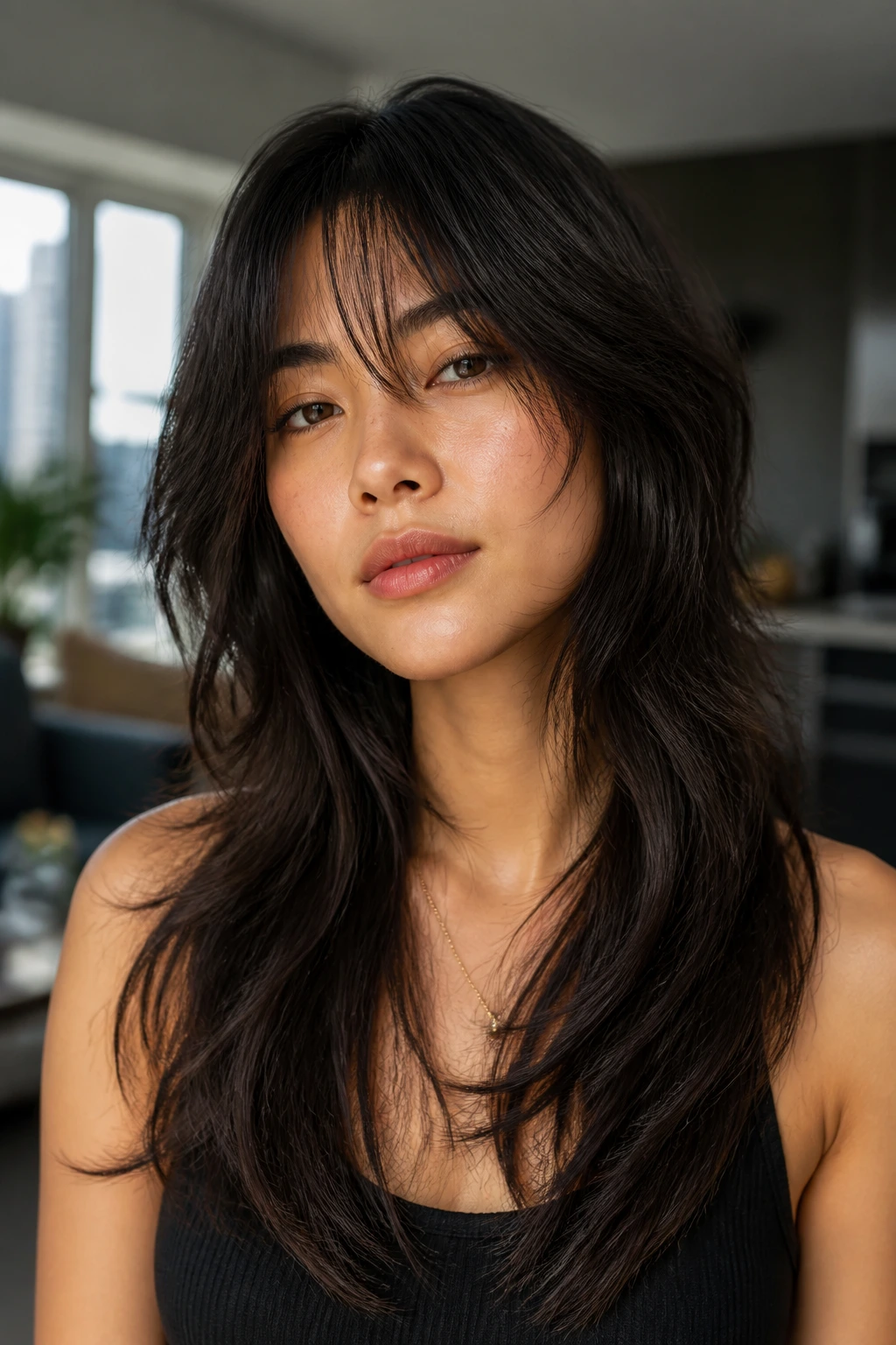 Real woman with edgier long hairstyle showing variation